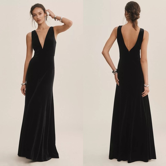 NWT Anthropologie Jenny Yoo Logan Deep V Velvet Maxi Gown Black BHLDN - Picture 1 of 6